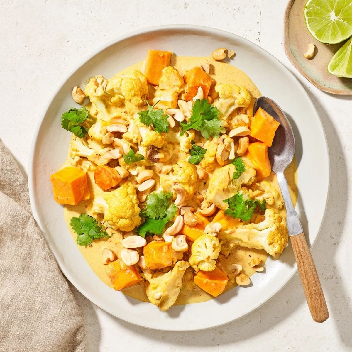 Creamy vegetarian kumara cauliflower cashew korma curry garnished with toasted cashews and fresh cilantro