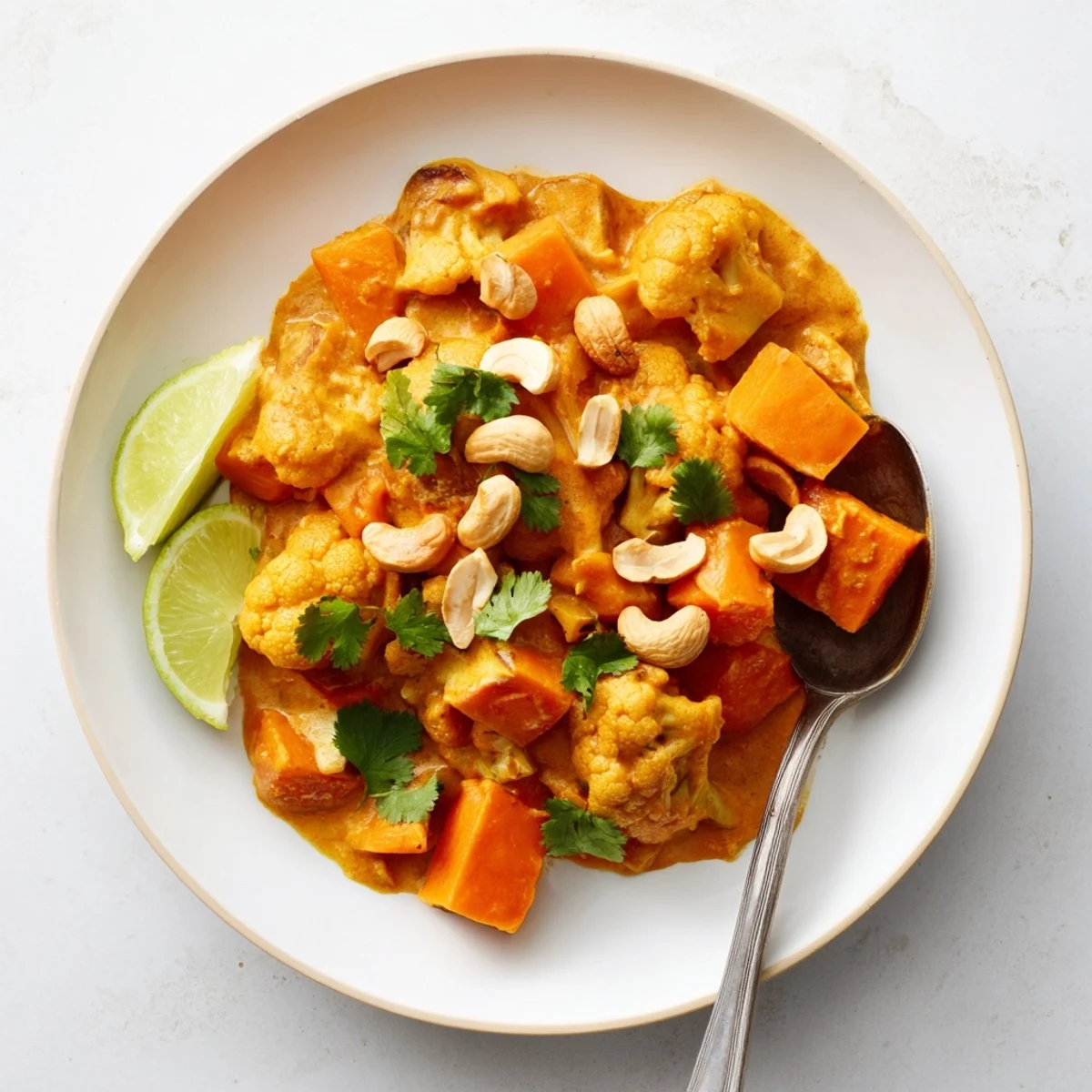 Golden kumara and cauliflower florets simmered in rich coconut korma sauce topped with crunchy cashews