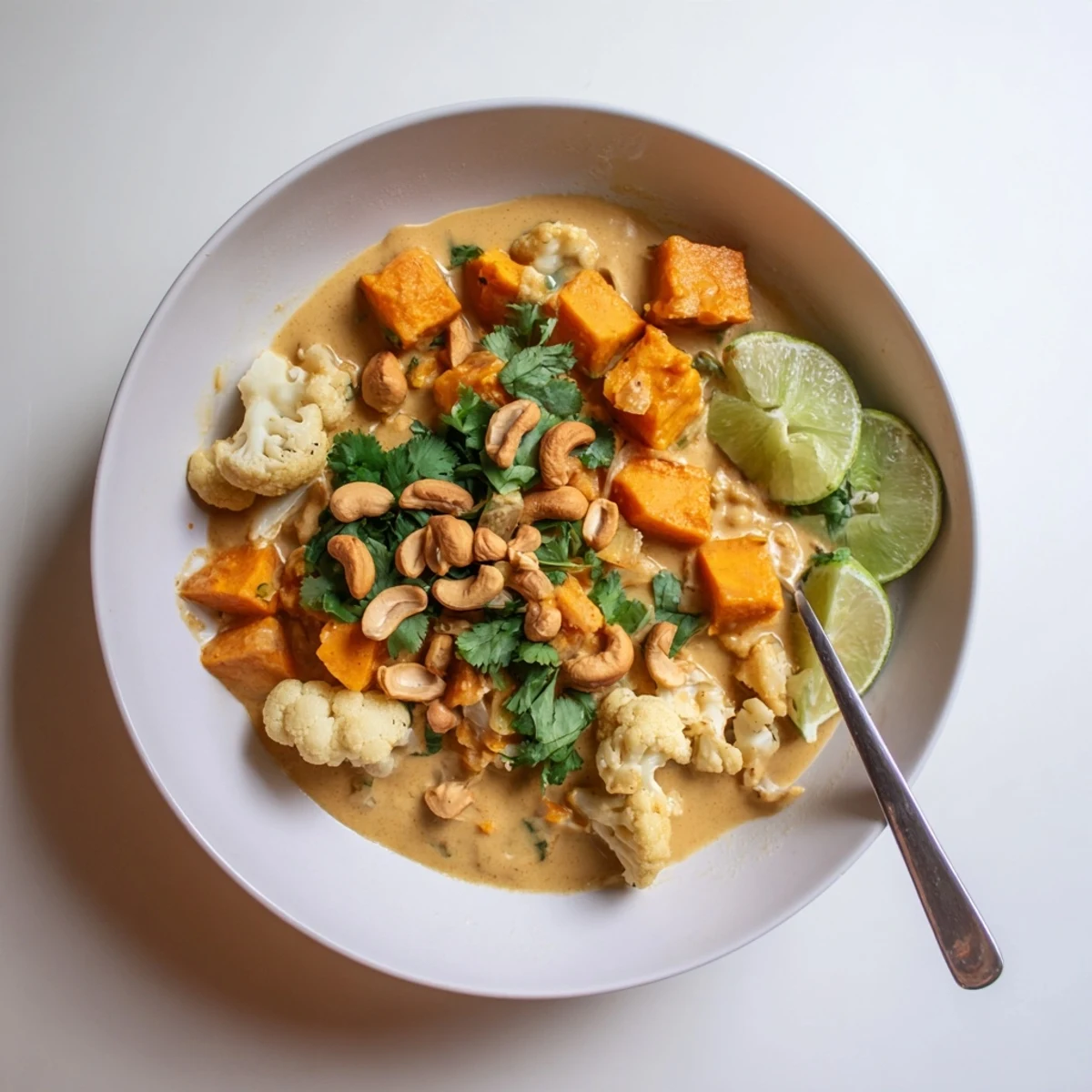 Hearty Indian-style kumara cauliflower korma curry served steaming with lime wedges and cilantro sprinkles