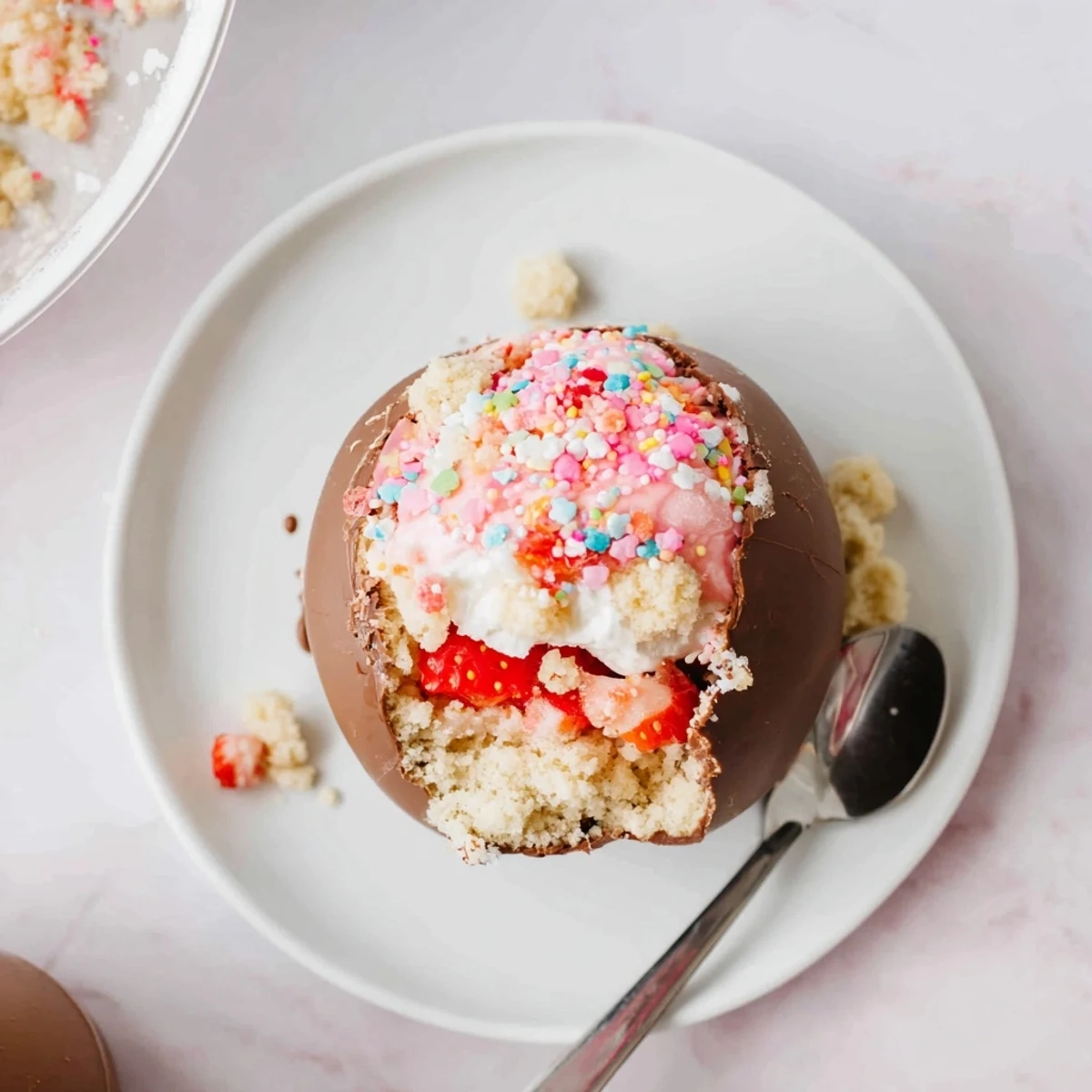 Decadent strawberry shortcake Easter egg bombs filled with whipped cream and fresh berries inside crisp chocolate shells