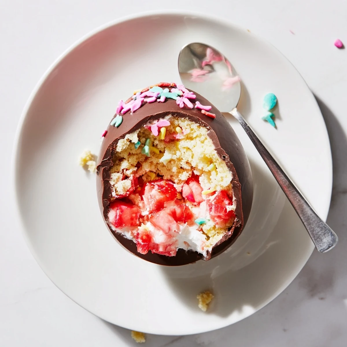 Festive Easter dessert featuring tender shortcake layers, juicy strawberries, and fluffy cream nestled in white chocolate eggs