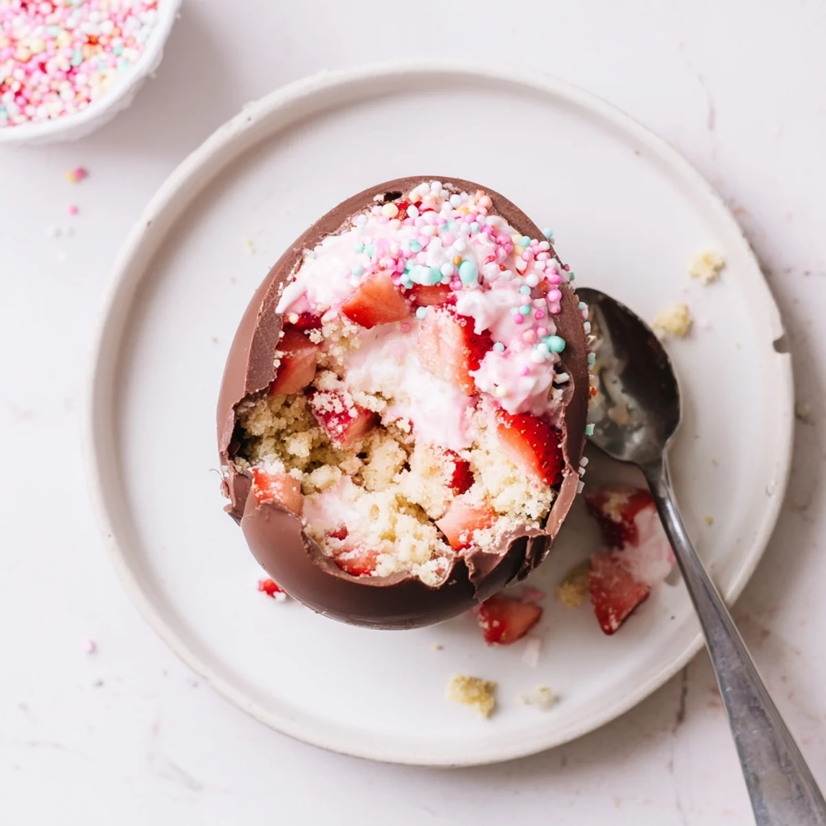 Whimsical spring treat with crumbled vanilla cake, macerated strawberries, and sweet whipped cream encased in pastel chocolate egg shells