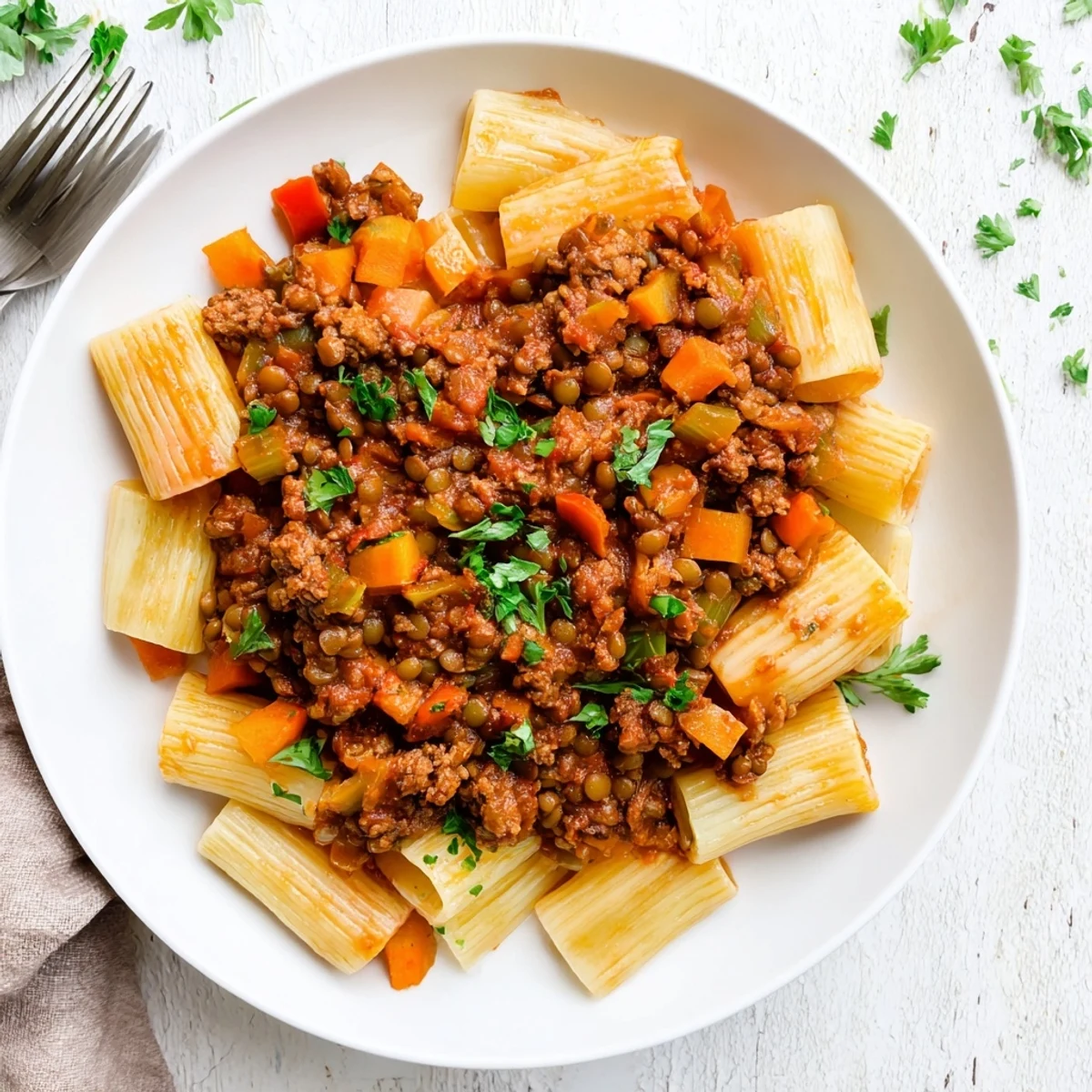 Savory healthy beef and lentil bolognese simmered with vegetables in a rich tomato broth