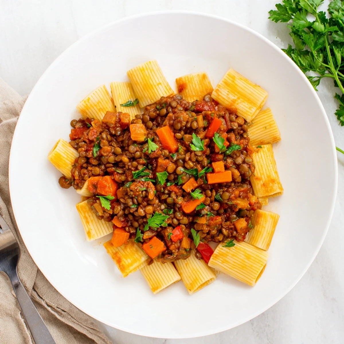 Hearty healthy beef and lentil bolognese sauce tossed over pasta with fresh basil garnish