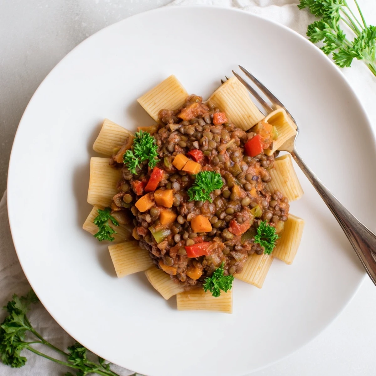 Thick healthy beef and lentil bolognese topped with grated Parmesan over whole wheat noodles