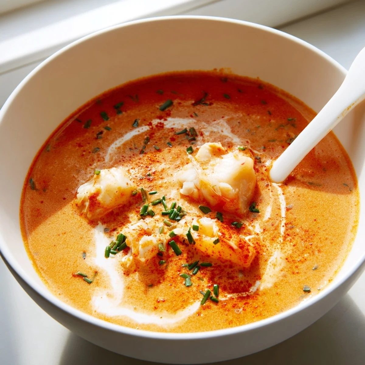 Creamy seafood bisque featuring tender crab and shrimp in a smooth tomato-based soup
