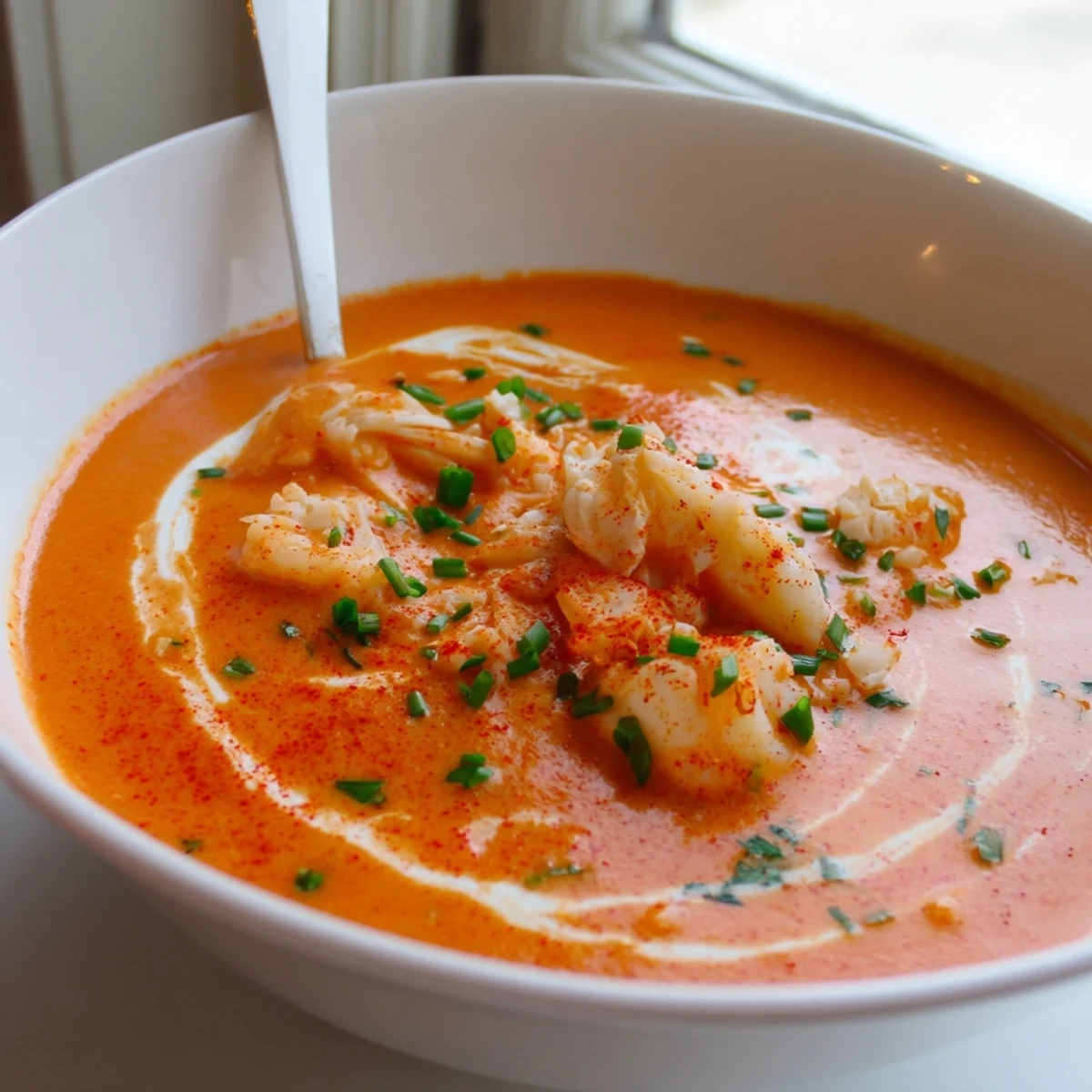 Golden bowl of luxurious crab and shrimp bisque garnished with fresh green chives