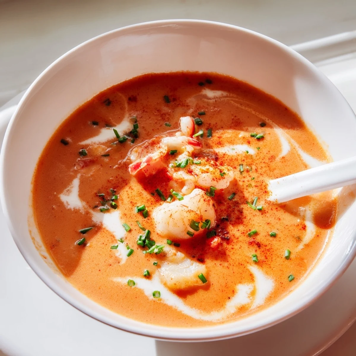 Rich French seafood bisque brimming with succulent crab meat and plump cooked shrimp