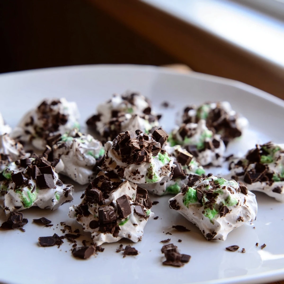 Airy dark chocolate and mint chip clouds meringue cookies with glossy, chocolate-studded peaks ready for baking.