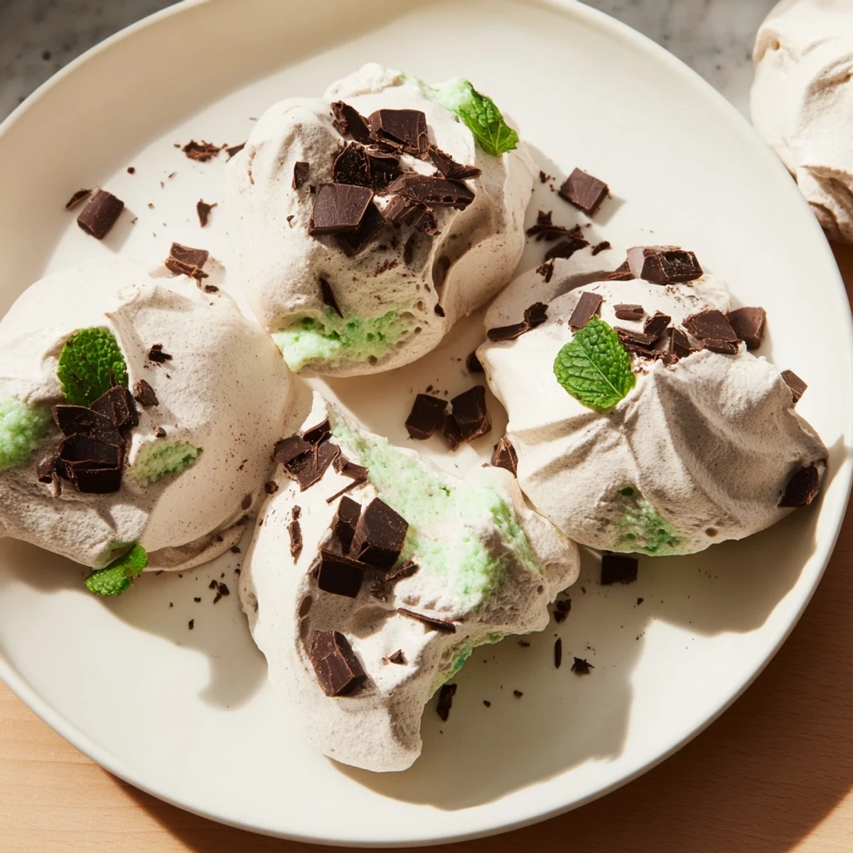 Golden-baked dark chocolate mint chip meringue clouds arranged on a parchment-lined baking sheet, light and crisp.