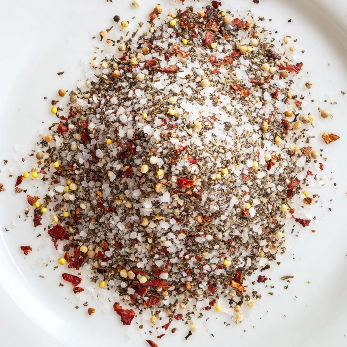 Dark speckled copycat Montreal steak seasoning generously coating a grilled ribeye steak on a white plate