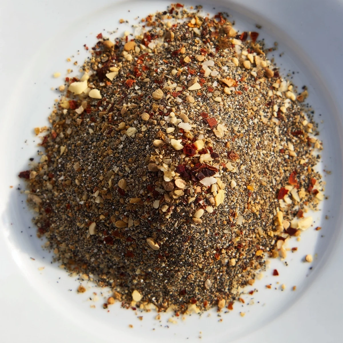 Spoonful of aromatic copycat Montreal steak seasoning sprinkled over raw beef steak before grilling