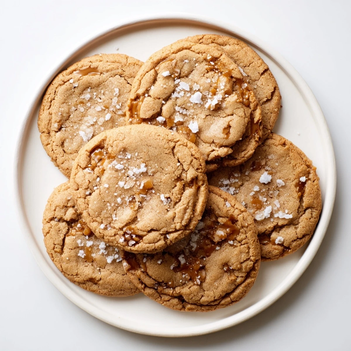 Golden brown sea salt caramel cookies stacked on a white wire cooling rack with melted caramel bits visible