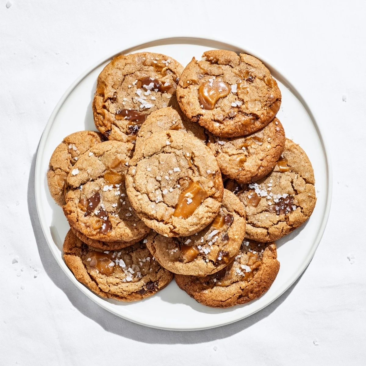 Chewy homemade sea salt caramel cookies fresh from the oven sprinkled with flaky sea salt on top
