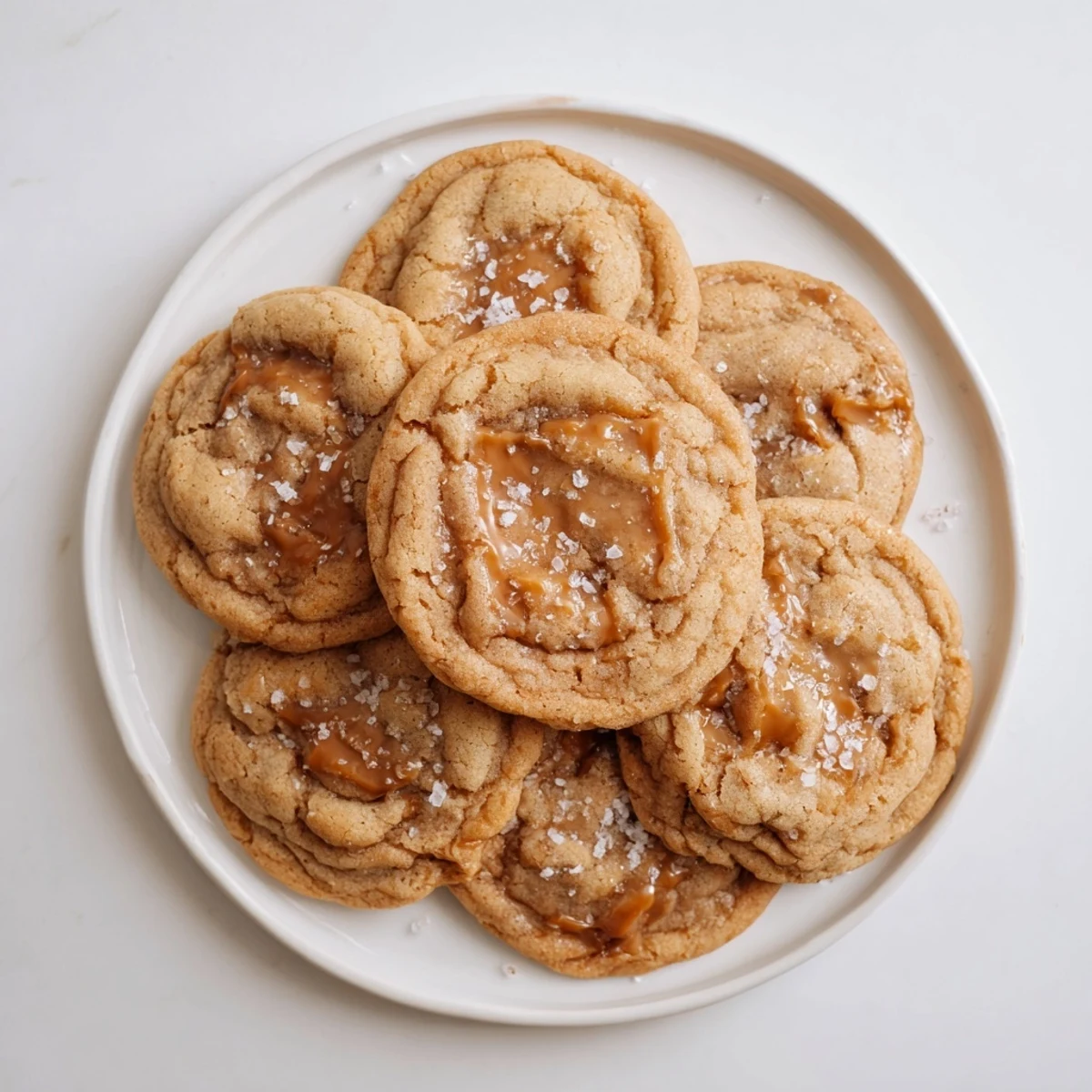 Buttery sea salt caramel cookies with gooey caramel centers arranged on a rustic wooden cutting board