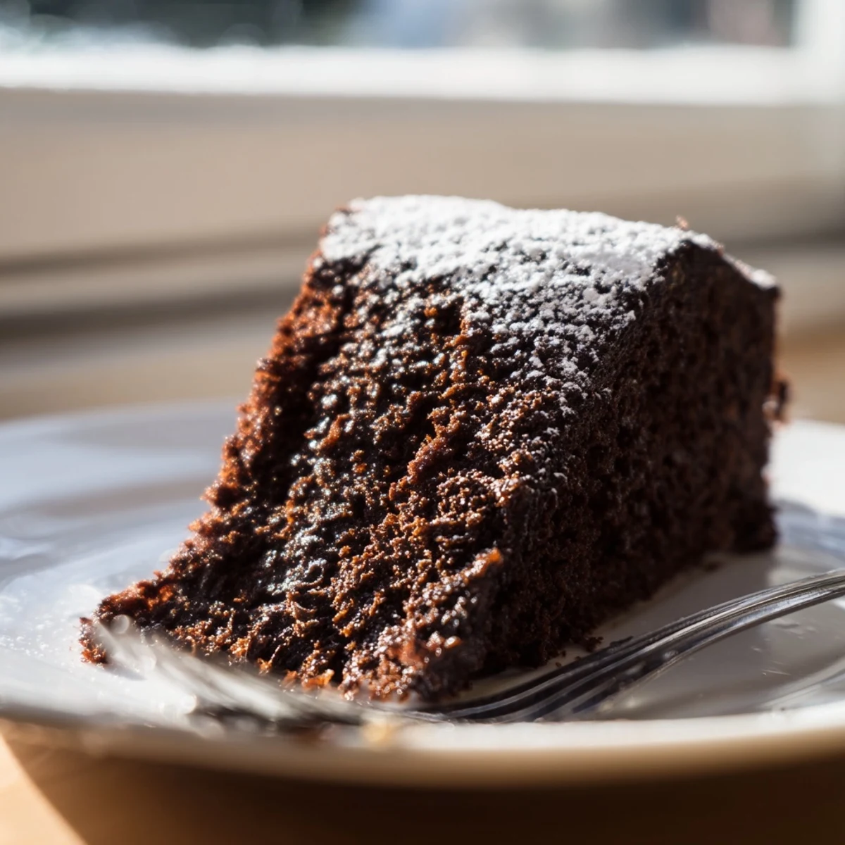 Moist air fryer Guinness chocolate cake dusted with powdered sugar on a serving plate