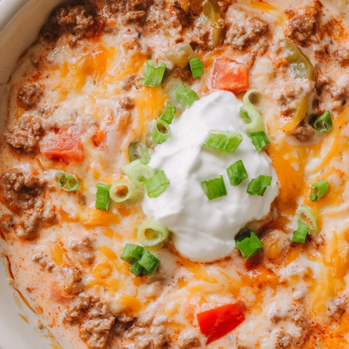 Creamy melty Rotel dip with ground beef and sour cream served in a bowl with tortilla chips