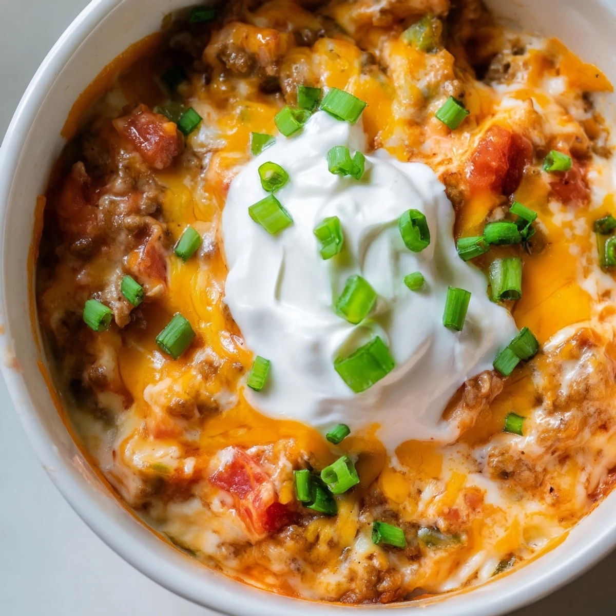 Steaming hot Rotel dip with ground beef and sour cream garnished with cilantro and chip scoop