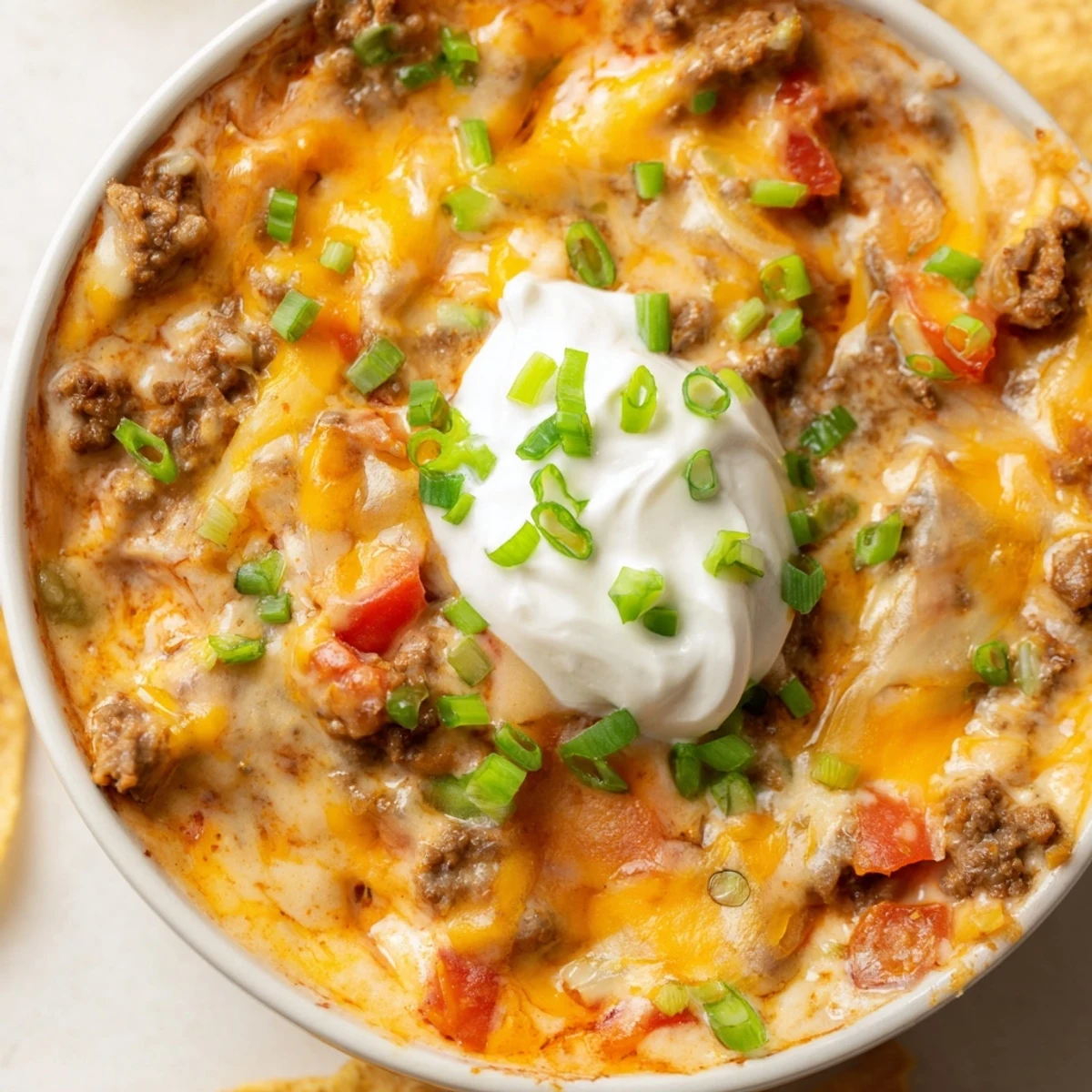 Golden bubbling Rotel dip featuring seasoned ground beef and melted cheese topped with fresh green onions