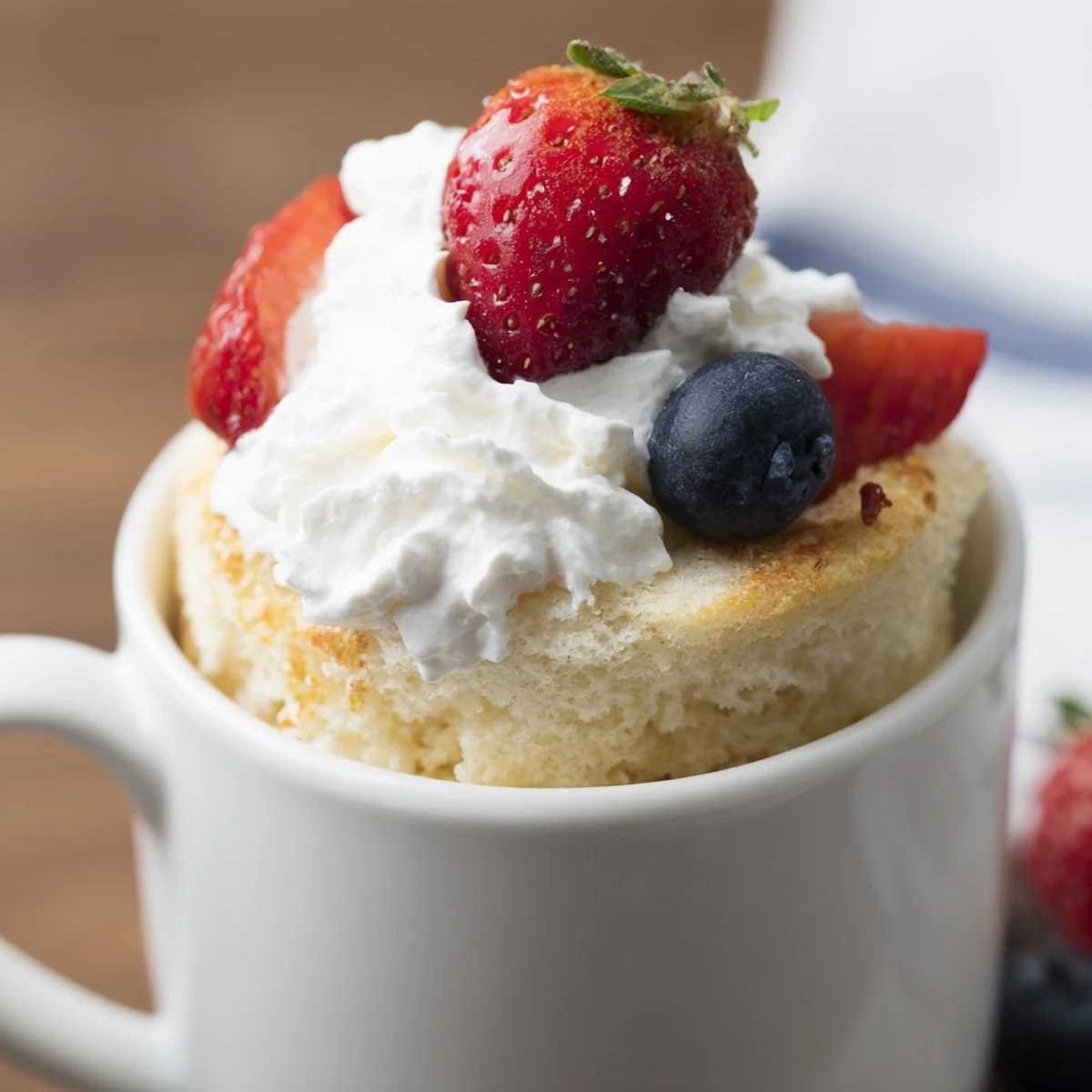 Golden angel food cake mug topped with whipped cream and fresh red strawberries