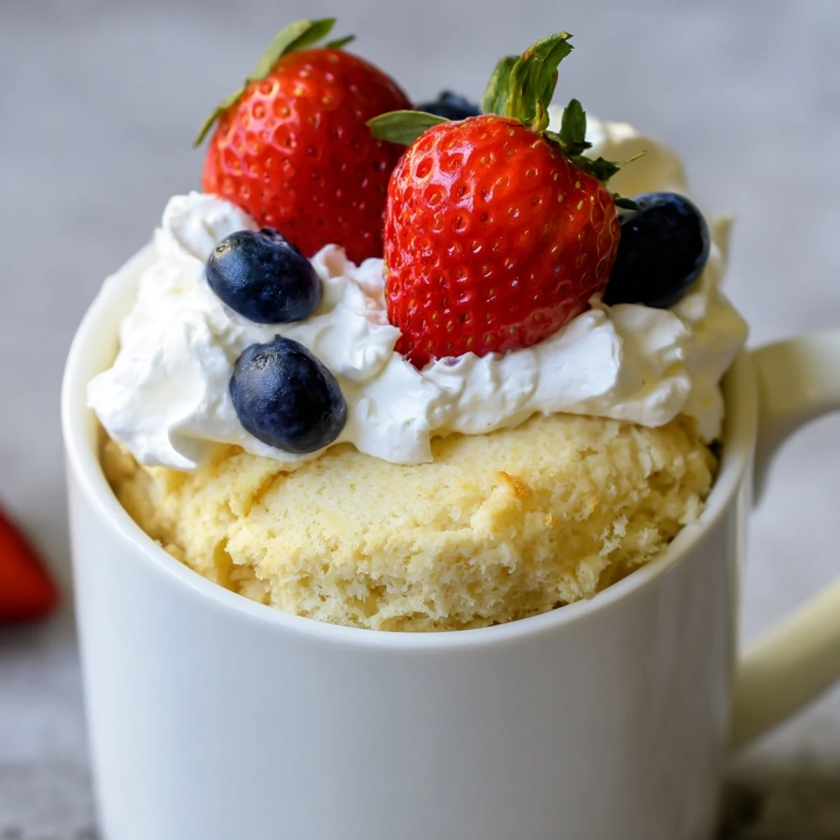 Easy air fryer mug cake recipe showing light sponge cake topped with whipped cream
