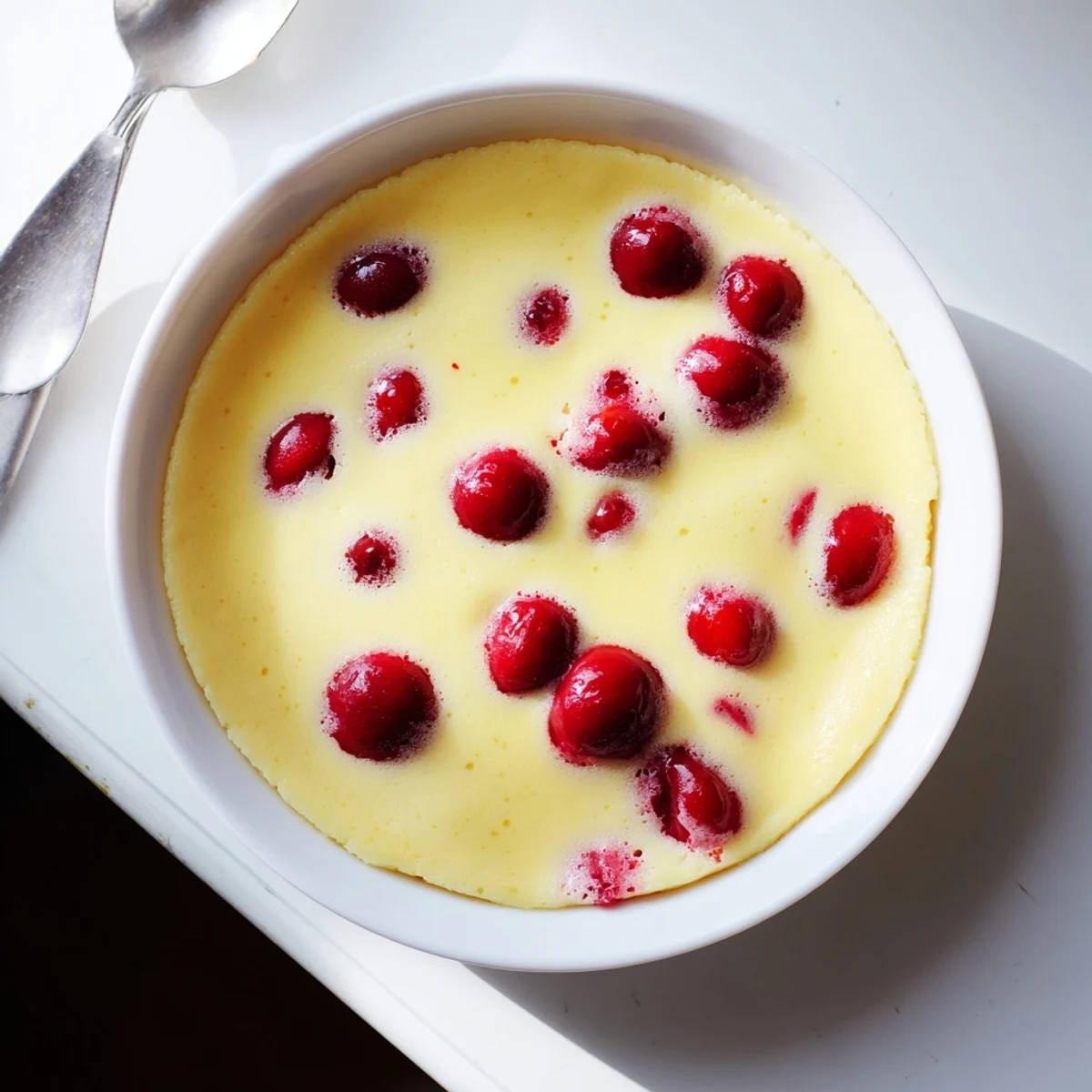 Golden cherry custard bakes in a round dish with vibrant red fruit peeking through the creamy vanilla custard base