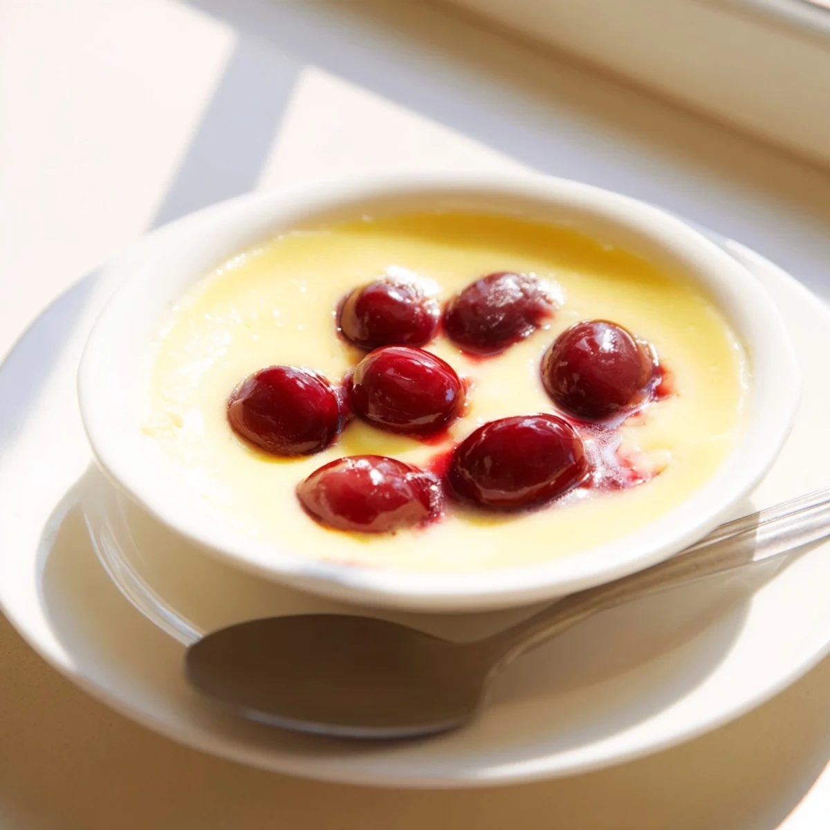 Creamy homemade cherry custard dessert with fresh cherries scattered throughout a golden baked custard in a white baking dish