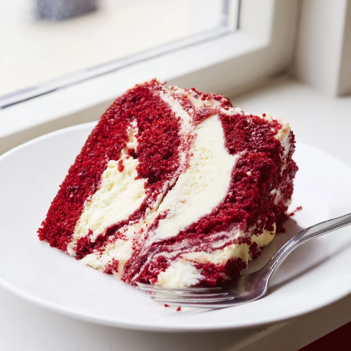 Slice of red velvet cheesecake swirl cake showing marbled layers on a dessert plate