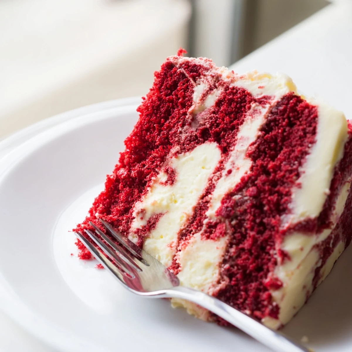 Moist red velvet cake swirled with creamy cheesecake batter on a white serving plate
