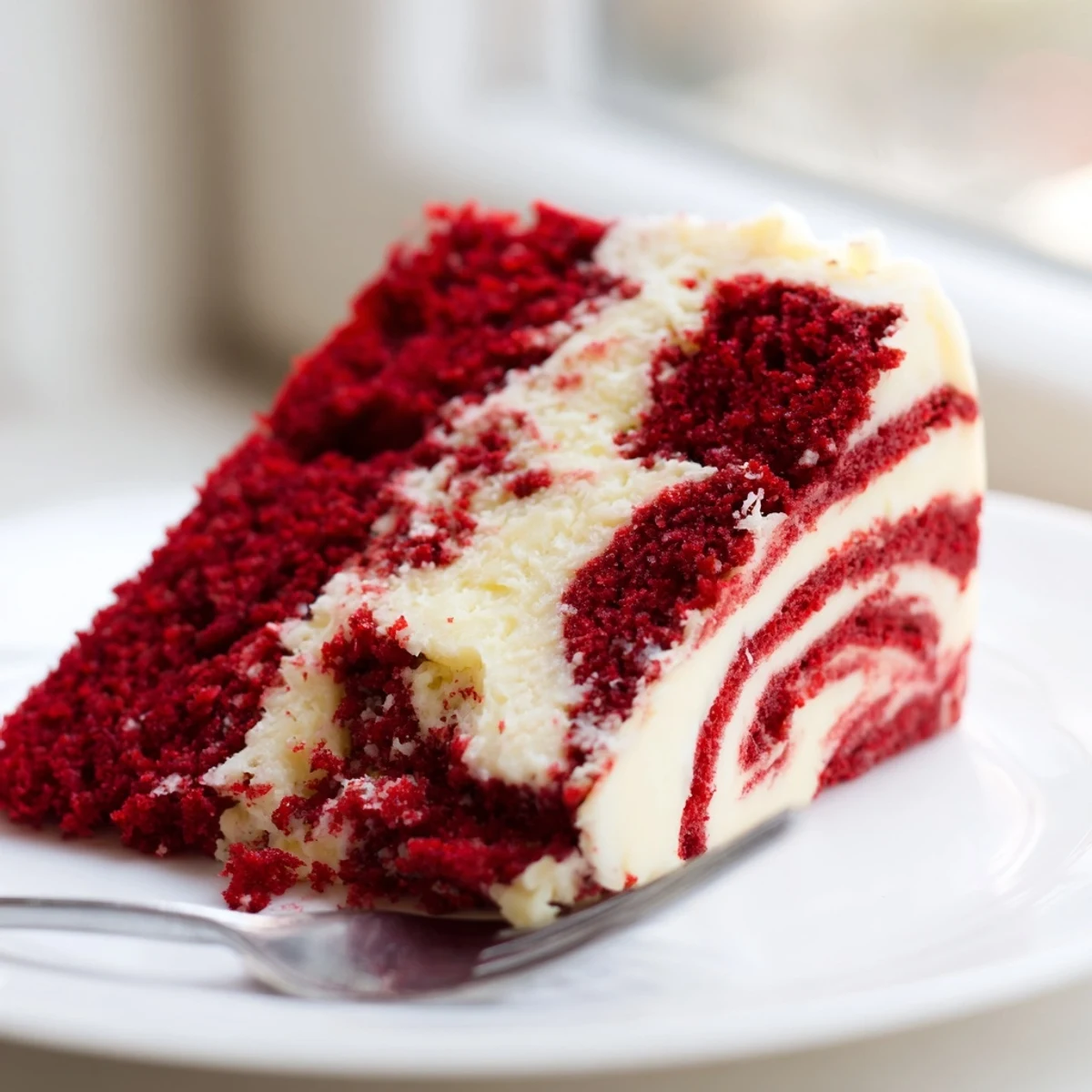 Homemade red velvet cheesecake swirl cake with golden crumb and white cream cheese ribbons
