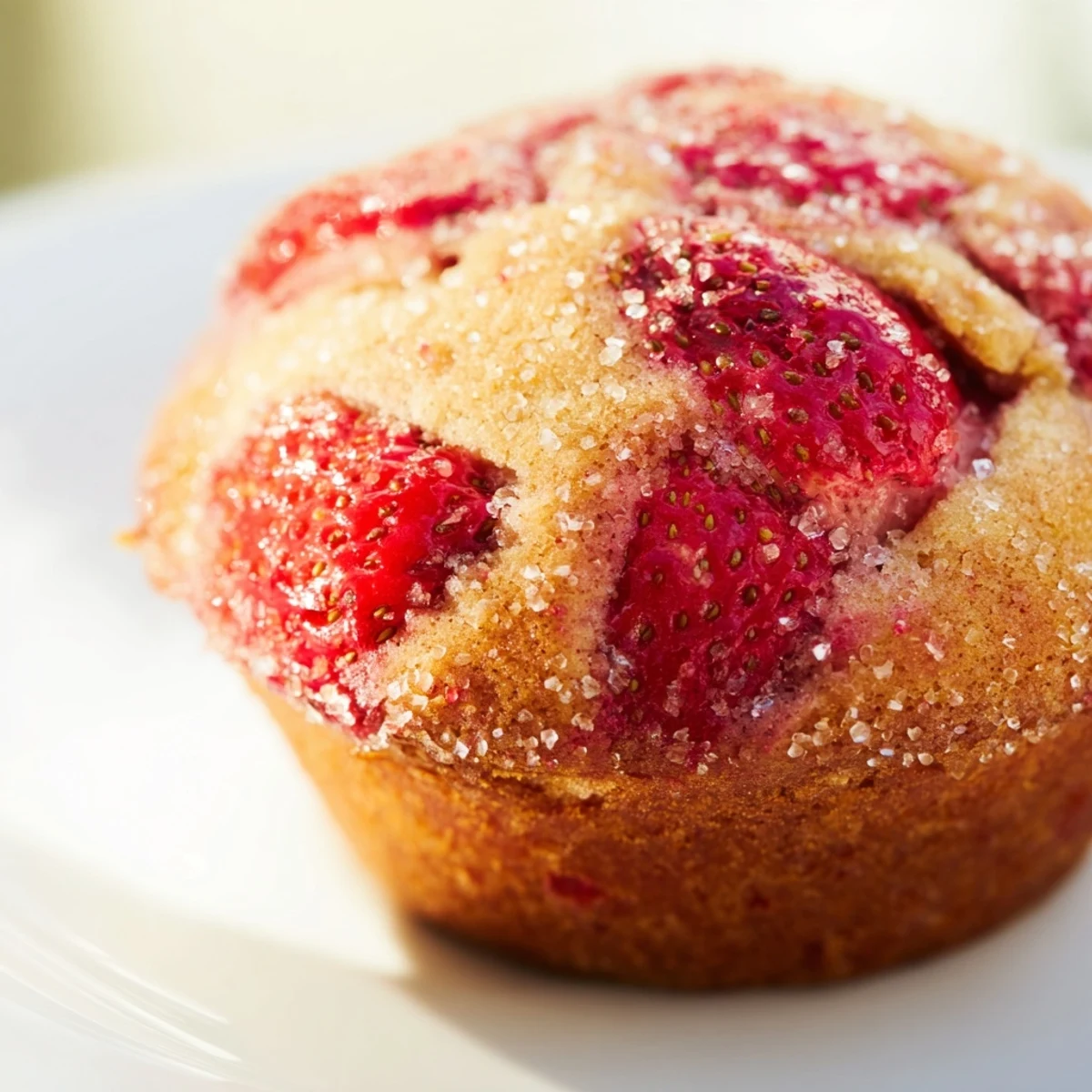Golden bakery style fresh strawberry muffins topped with sparkling coarse sugar and scattered diced red berries on a white plate
