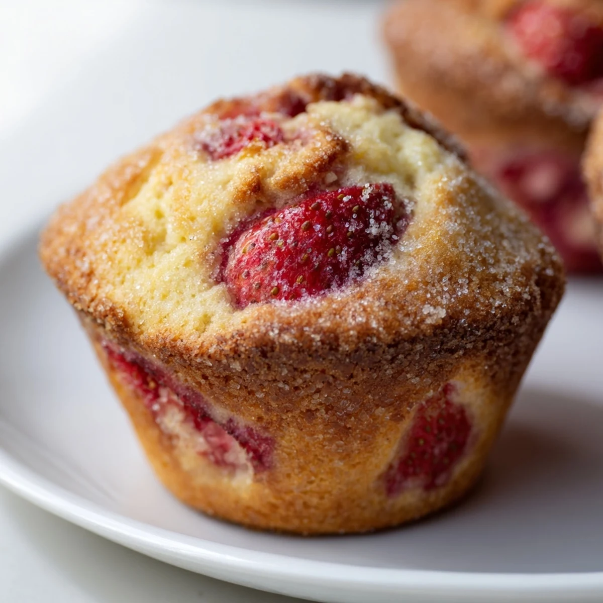 Moist bakery style fresh strawberry muffins cooling on a wire rack, their vanilla-scented tops sprinkled with turbinado sugar