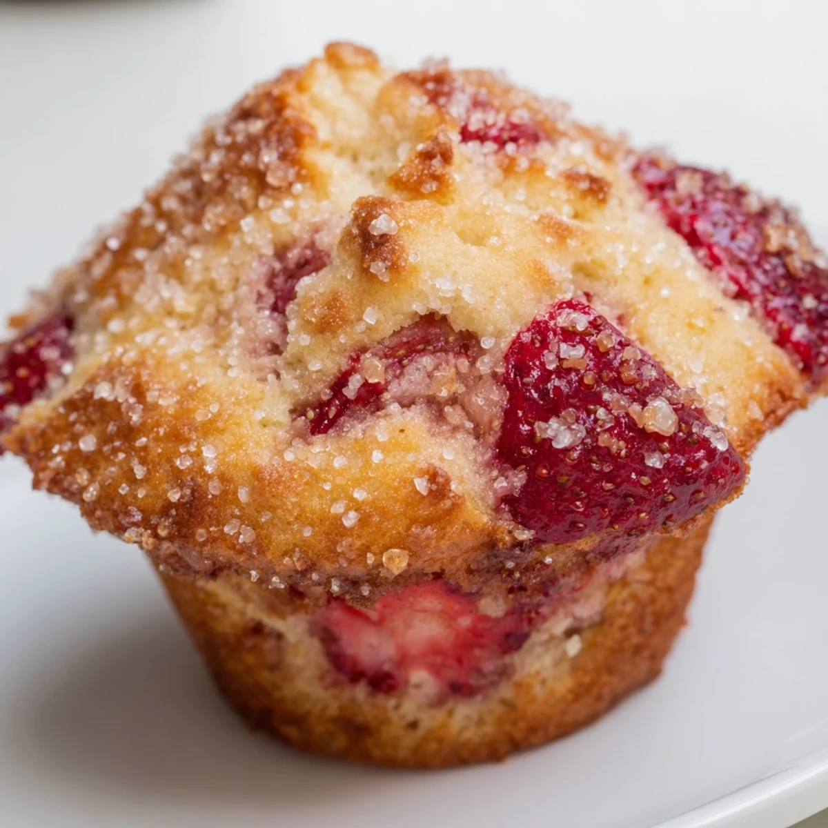 Fluffy fresh strawberry muffins burst with juicy fruit pieces beneath a crunchy sugar topping, baked to golden brown perfection