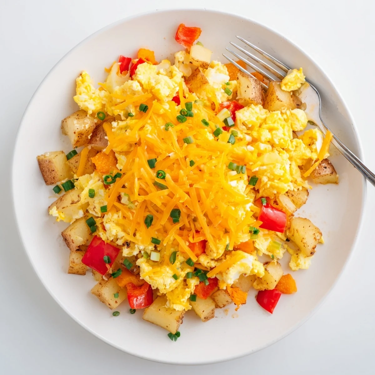 Golden potato egg scramble topped with melted cheddar cheese and colorful diced vegetables