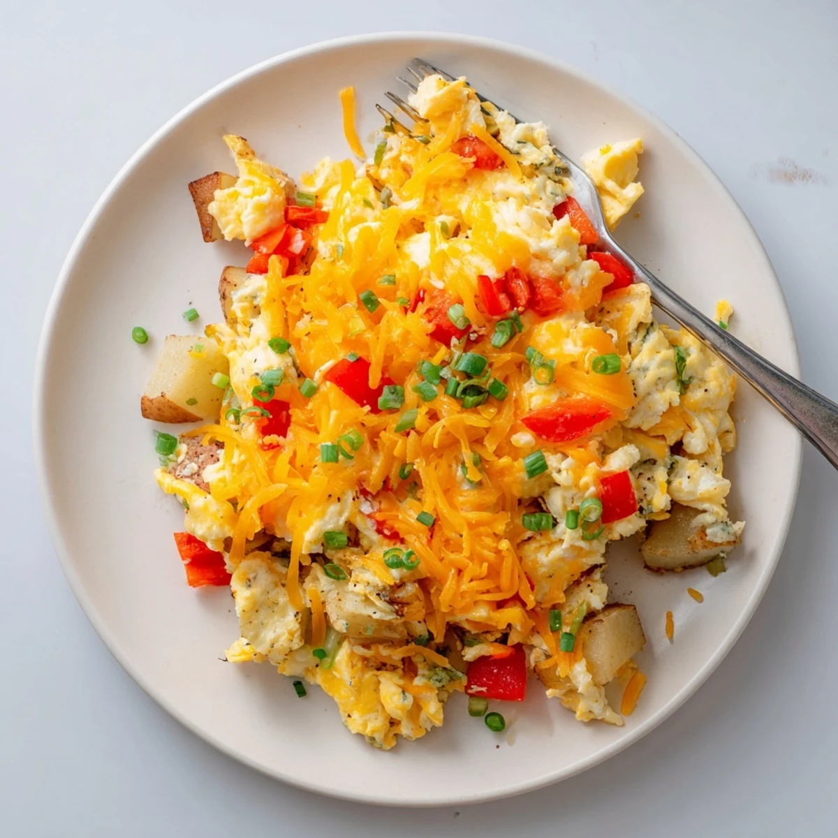 Hearty breakfast plate of cheesy potato egg scramble with red peppers and golden onions