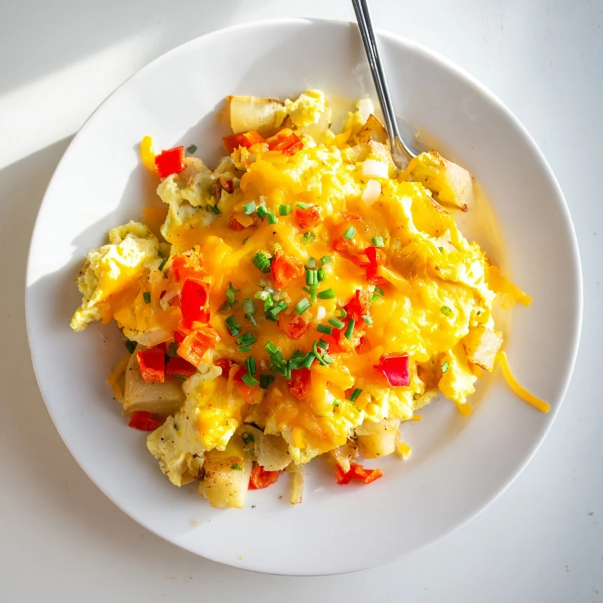 Fluffy cheesy potato egg scramble served hot in a cast iron skillet with chives