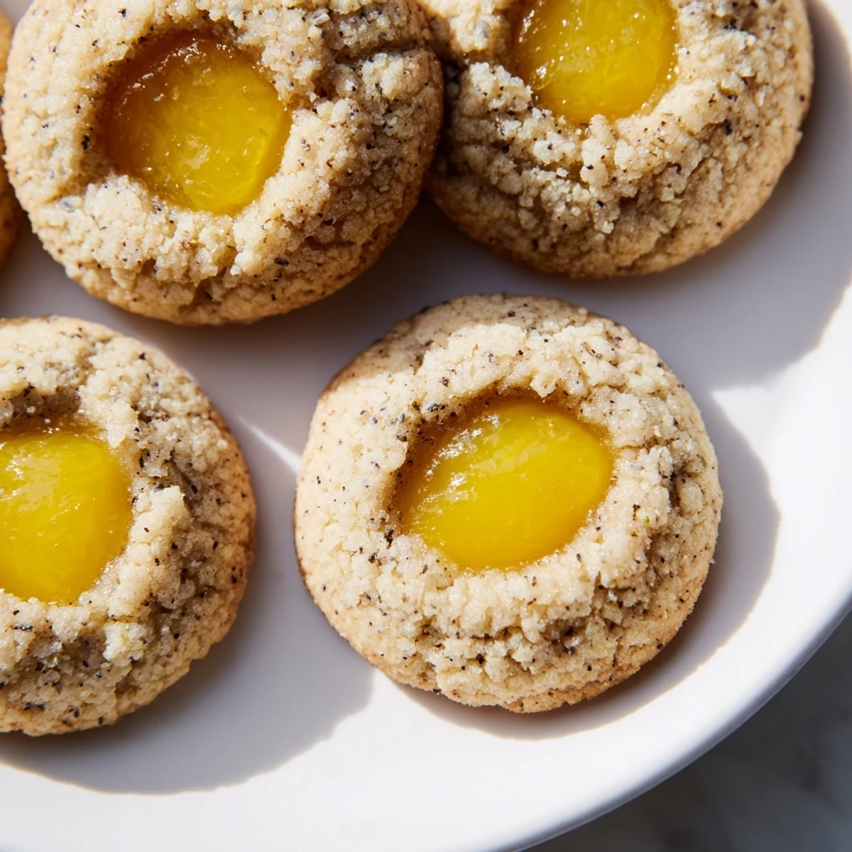 Golden lemon lavender thumbprint cookies filled with tangy lemon curd on a white baking sheet