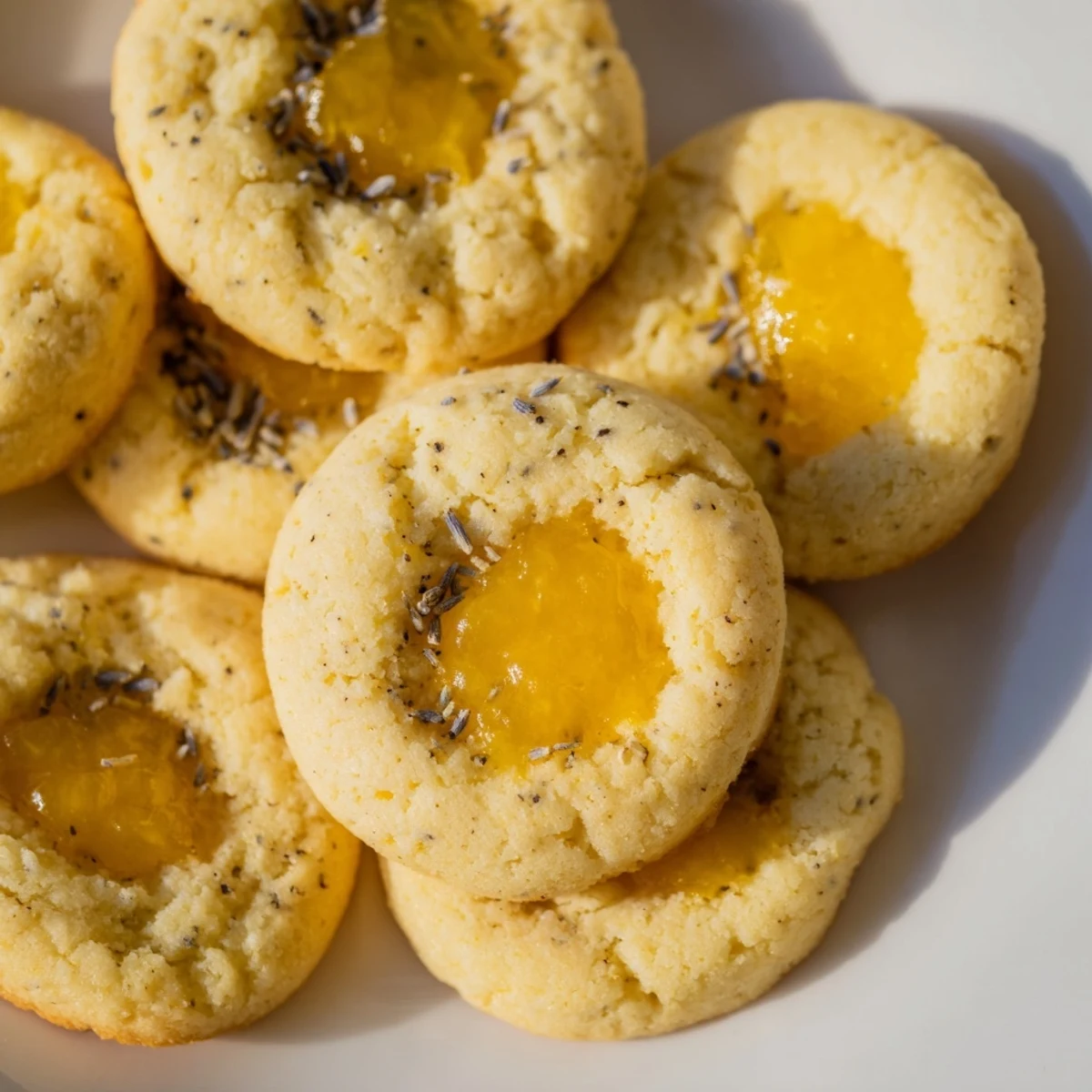 Buttery lemon lavender thumbprint cookies with bright citrus curd centers arranged on cooling rack