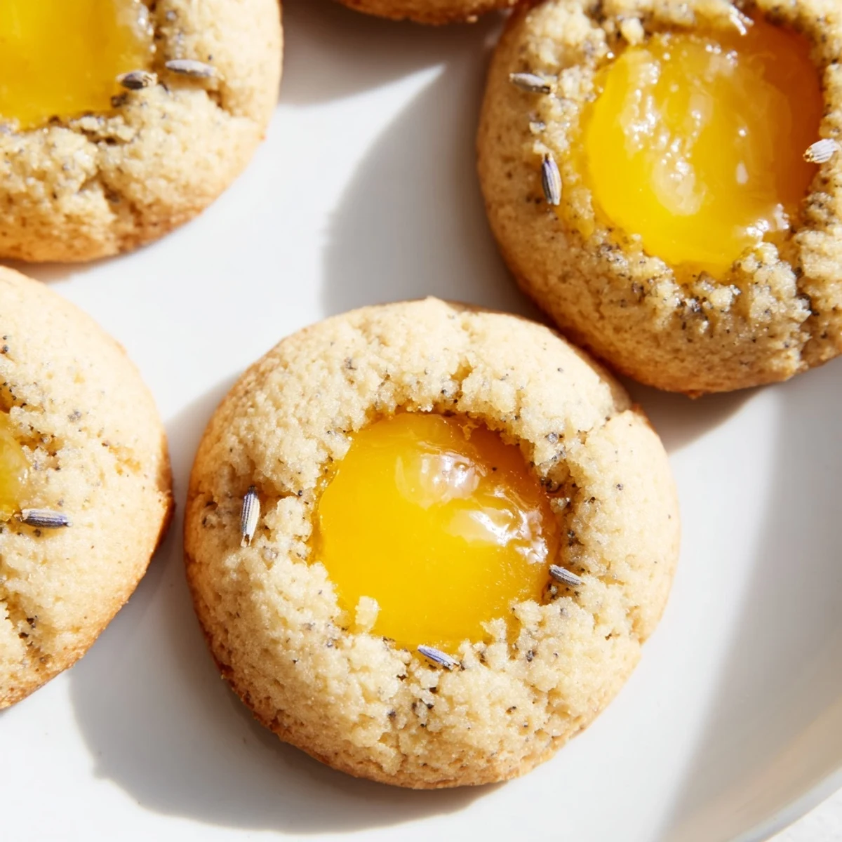 Delicate lemon lavender thumbprint cookies featuring sweet lemon curd filling and golden edges