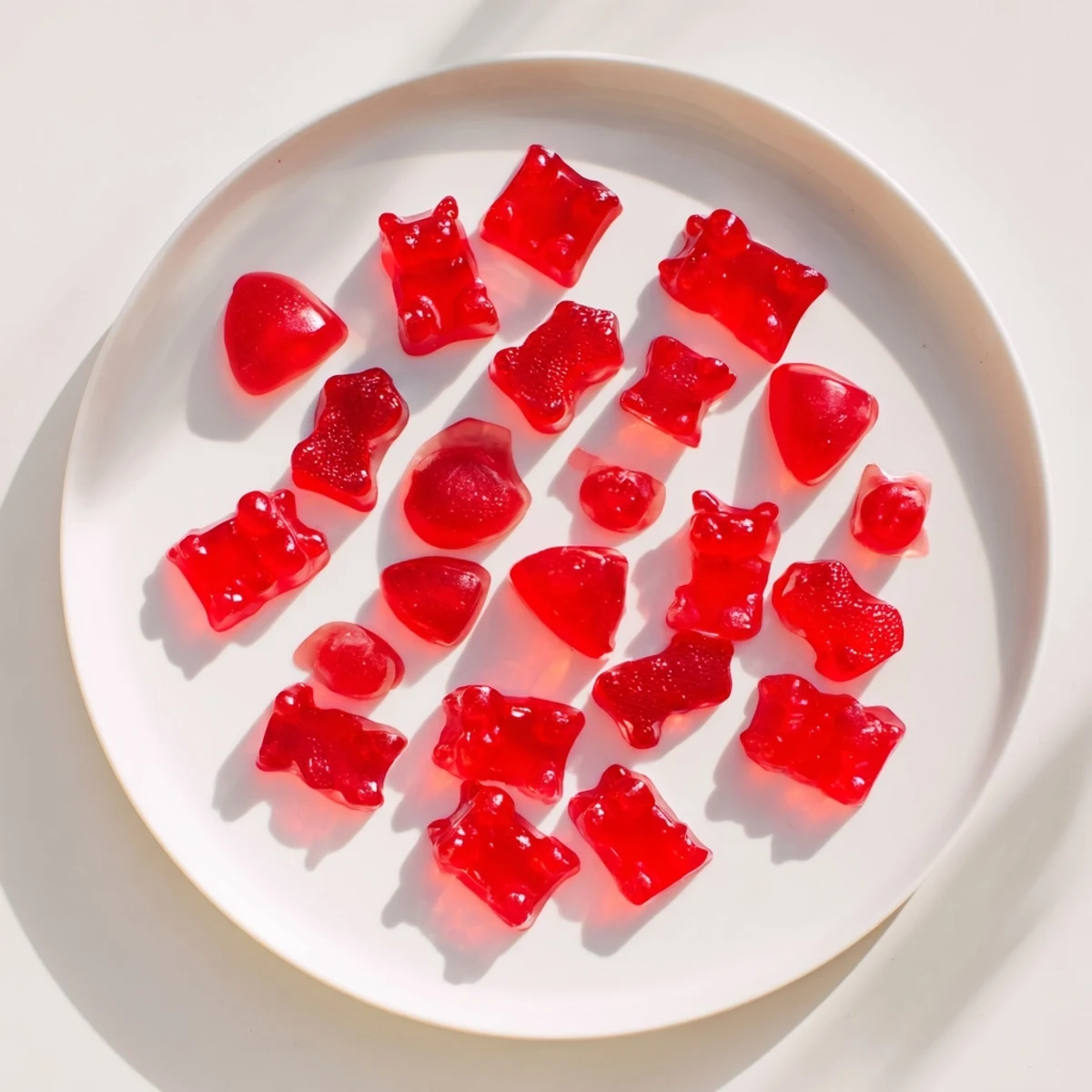 Chewy homemade strawberry gummies arranged on a white plate, showcasing their vibrant red color and smooth texture
