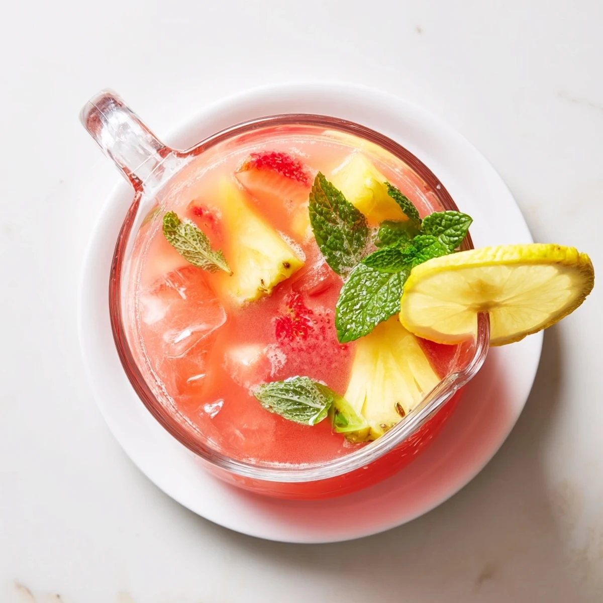 Tall glass of pineapple pink lemonade garnished with fresh mint and lemon slice on wooden table