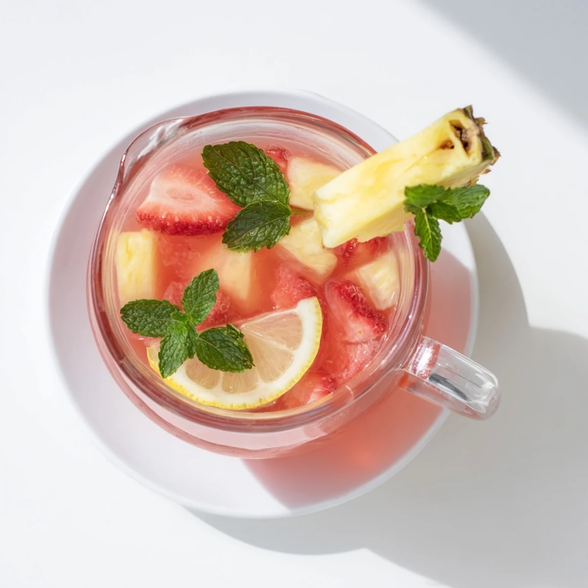 Vibrant pineapple pink lemonade drink served over ice with colorful fruit garnishes on white background