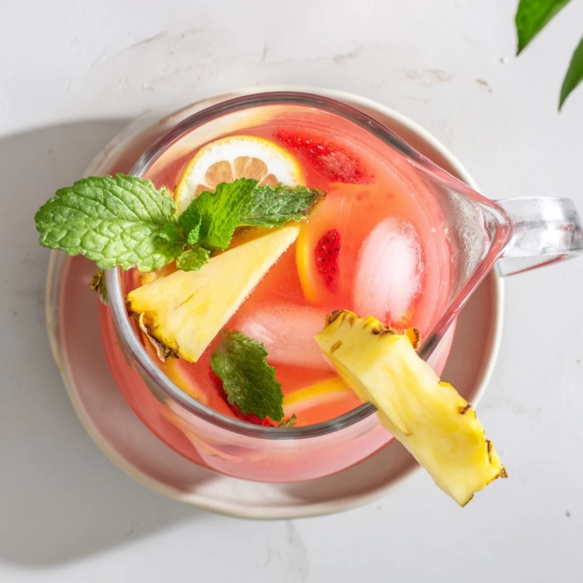 Refreshing pineapple pink lemonade pitcher filled with ice and pineapple wedges for summer parties