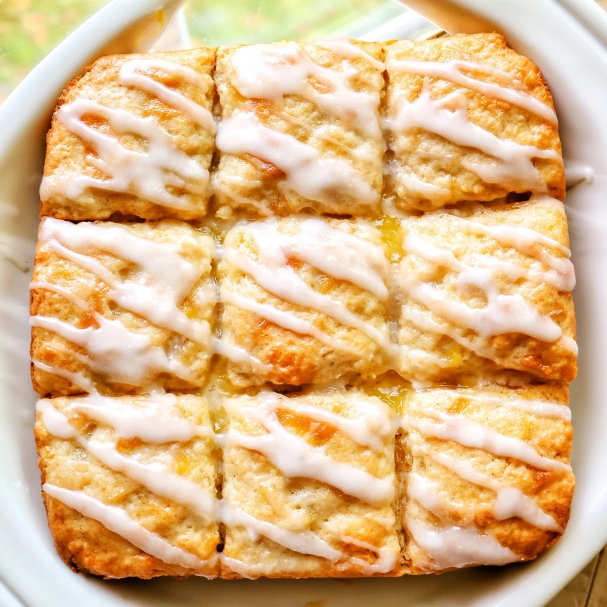 Warm peach butter swim biscuits fresh from the oven with vanilla glaze dripping down sides