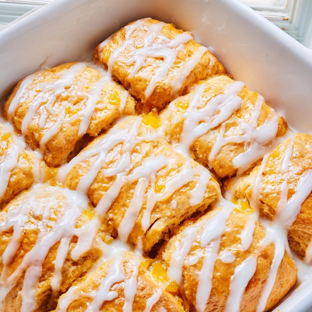 Fluffy biscuits baking in melted peach butter with vanilla glaze drizzled over top
