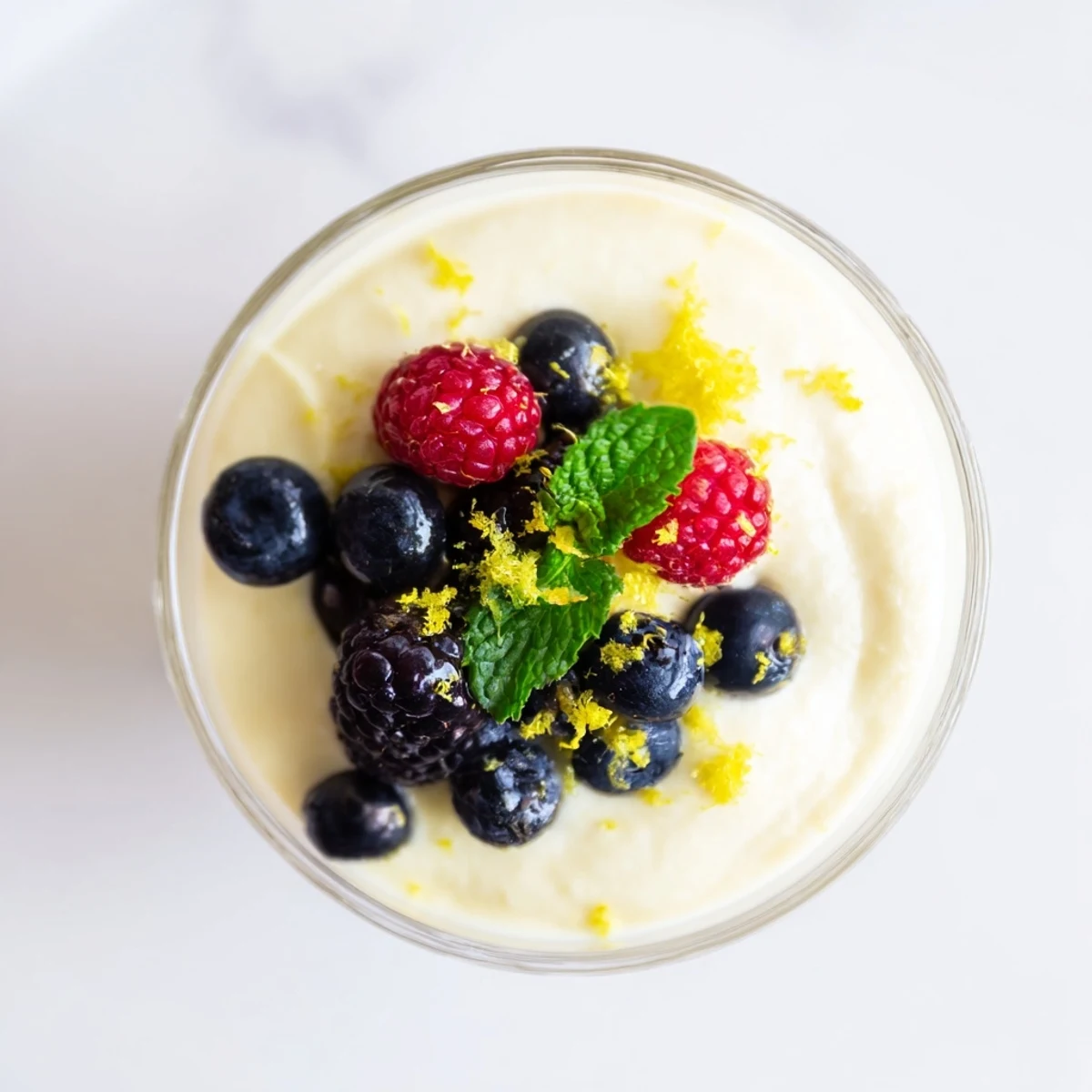 Creamy no bake lemon mascarpone mousse topped with fresh berries and mint in clear glass
