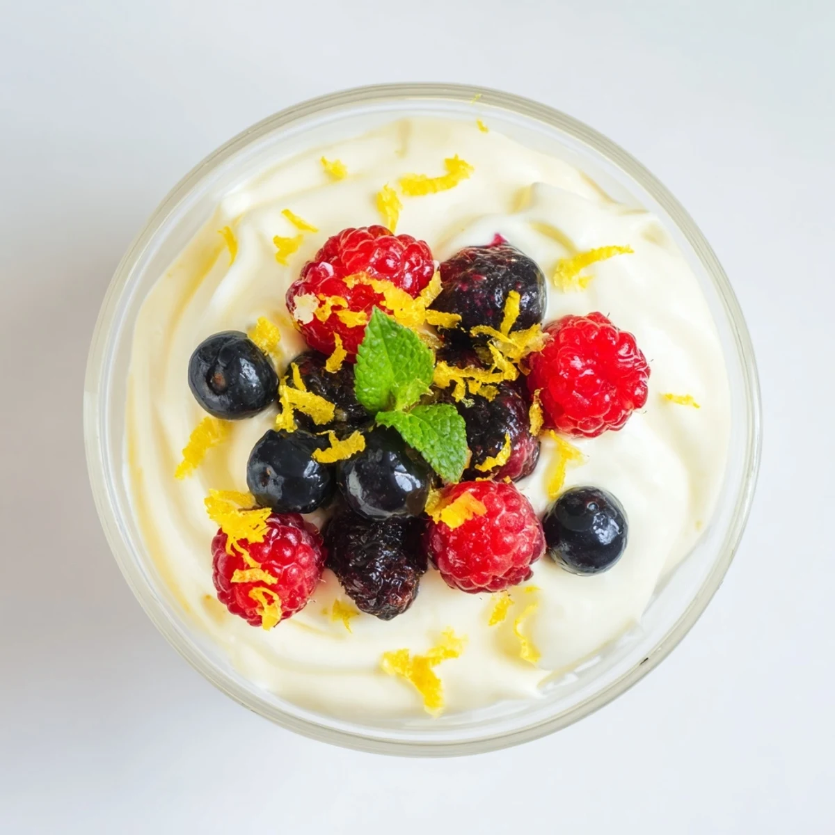 Light and fluffy lemon mascarpone mousse dessert with bright citrus zest and whipped cream peaks