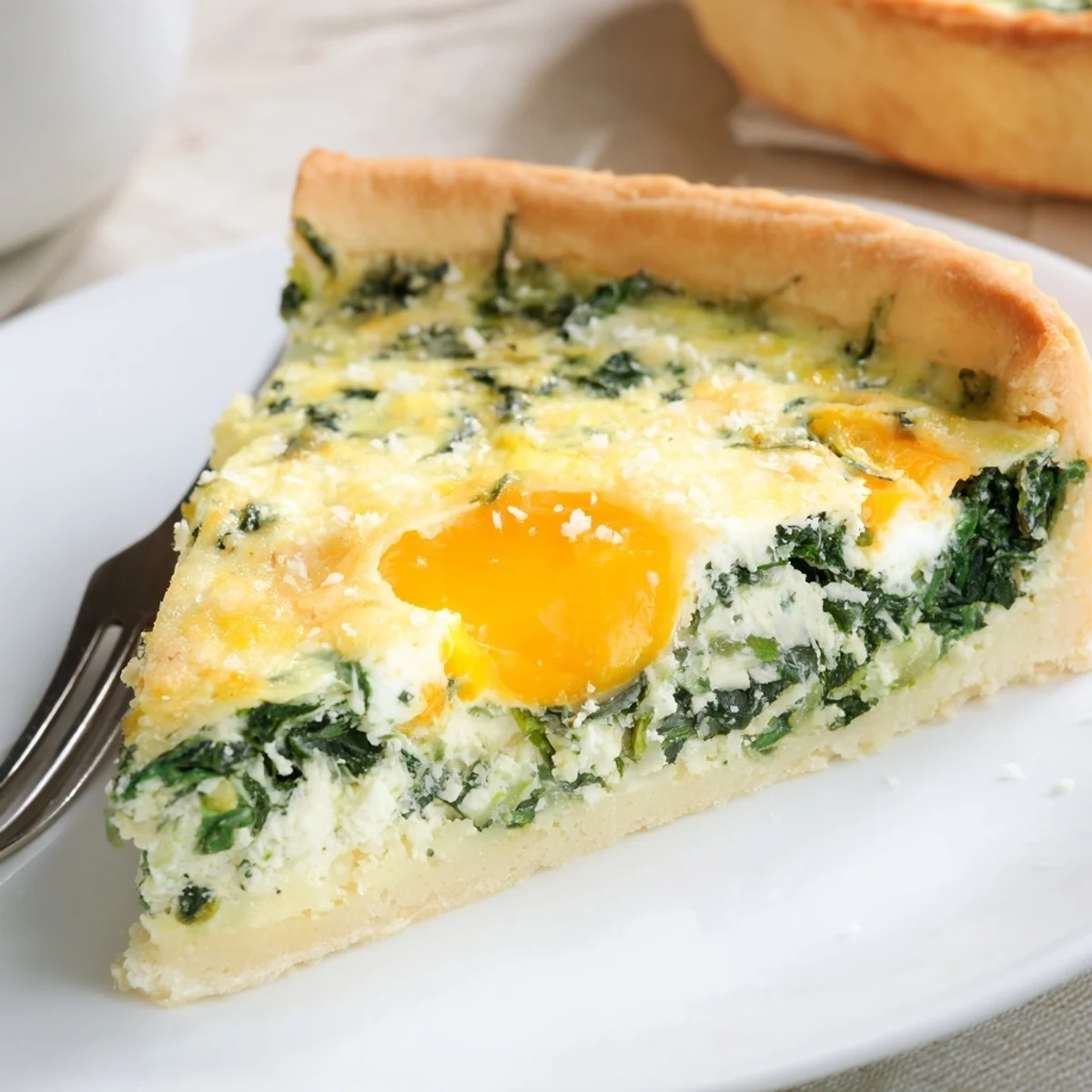 Savory Italian Easter tart featuring tender crust with ricotta spinach and four whole eggs nestled in center
