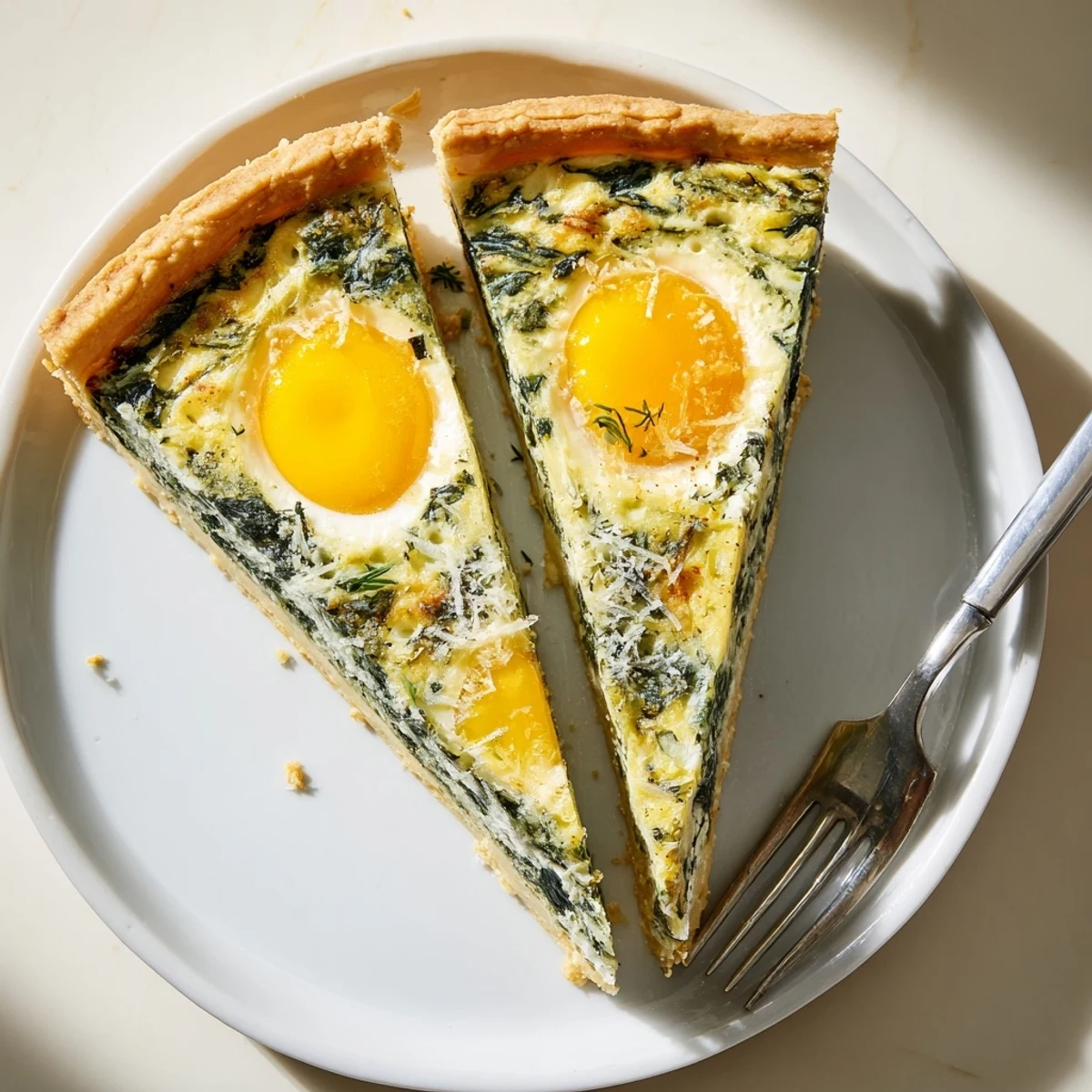 Golden Easter tart with creamy ricotta spinach filling and whole eggs baked in flaky pastry crust