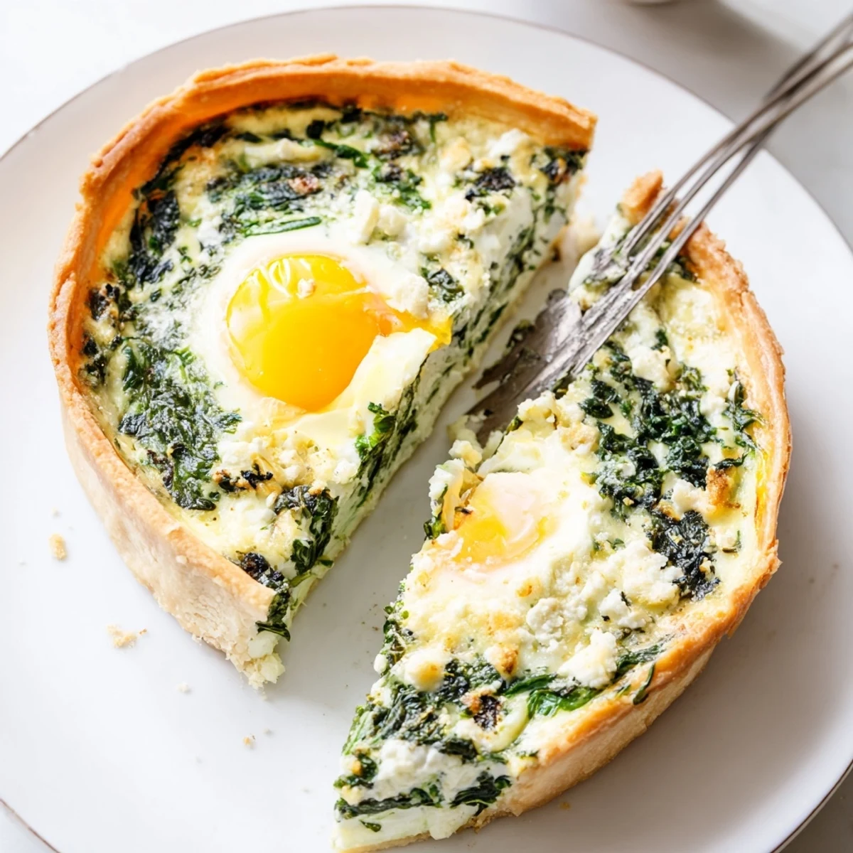 Sliced Easter tart revealing creamy spinach ricotta filling with baked eggs and golden brown pastry crust
